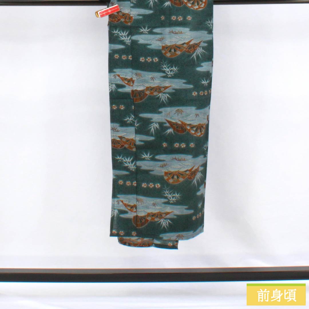 男物長襦袢 ウール Sランク 身丈140cm 裄丈67cm 鉄色(てついろ) 笹 波 片輪車 単衣 緑系 1140000722419