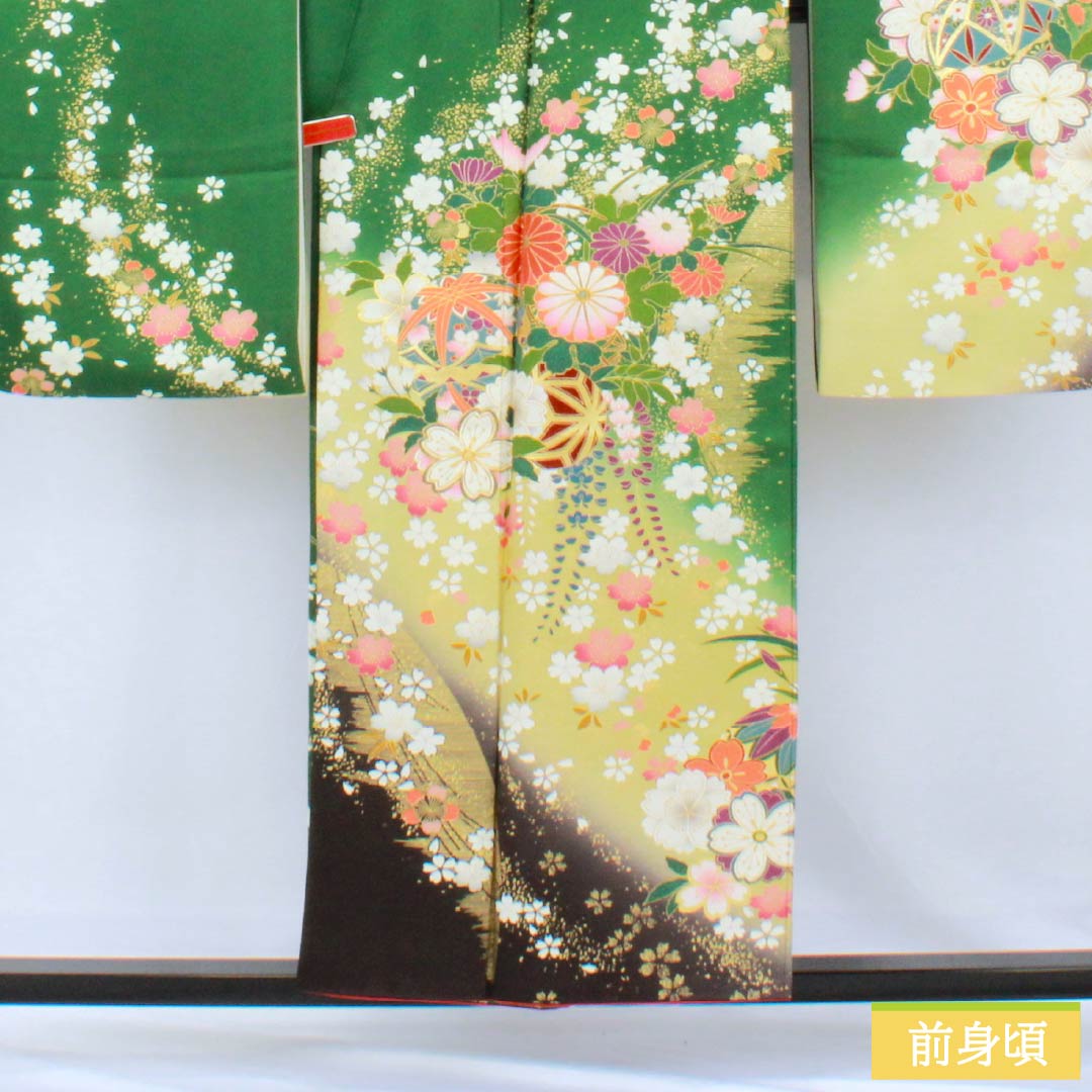 Furisode Kimono (S-Rank) - Pure Silk, S-Rank, Length 153cm, Sleeve Length 62.5cm, Lined, Green-Brown, Kyoto Yuzen Print, Cherry Blossom and Floral Design, Pearl Tone Finish, Green, Product Number: 1113002142219