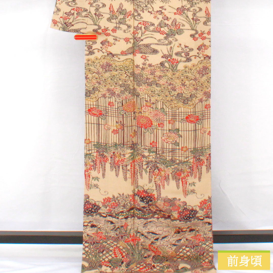 Homongi, pure silk, lined, length 172cm, sleeve length 64.5cm, pine dyed, Kyoto Bingata, auspicious motif, Silfine processing, crepe fabric, S rank, beige, 1112005982625