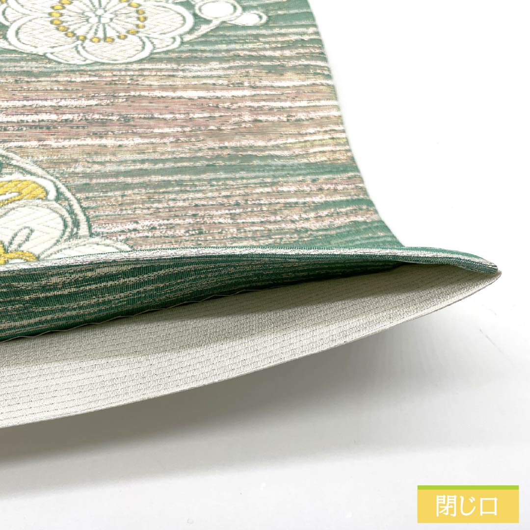 Fukuro Obi (Sash) made of pure silk, in flower green and blue (hanarokushoiro), for long-sleeved kimono and tomesode, with pine, bamboo and plum motifs, obi length 438cm, S rank, six-pass, formal, green, 1123013722319