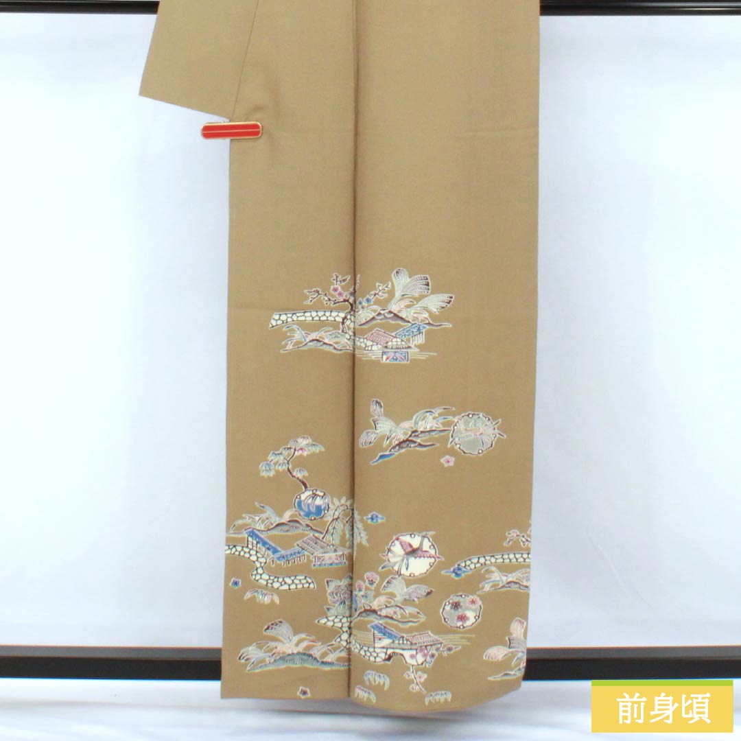 訪問着 正絹 Aランク 袷 身丈160cm 裄丈62.5cm 丁子煤竹色(ちょうじすすたけいろ) 琉球紅型 雪輪 鳳凰 風景 パールトーン加工 ベージュ系 1112007273425