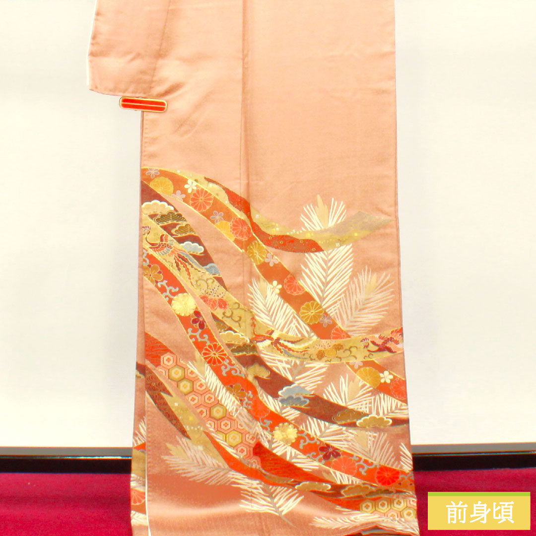 色留袖 正絹 身丈174cm 裄丈67cm 袷 鴇浅葱色(ときあさぎいろ) 京友禅 比翼仕立て 吉祥文様 五つ紋 下り藤 Sランク 茶系 1111001412614
