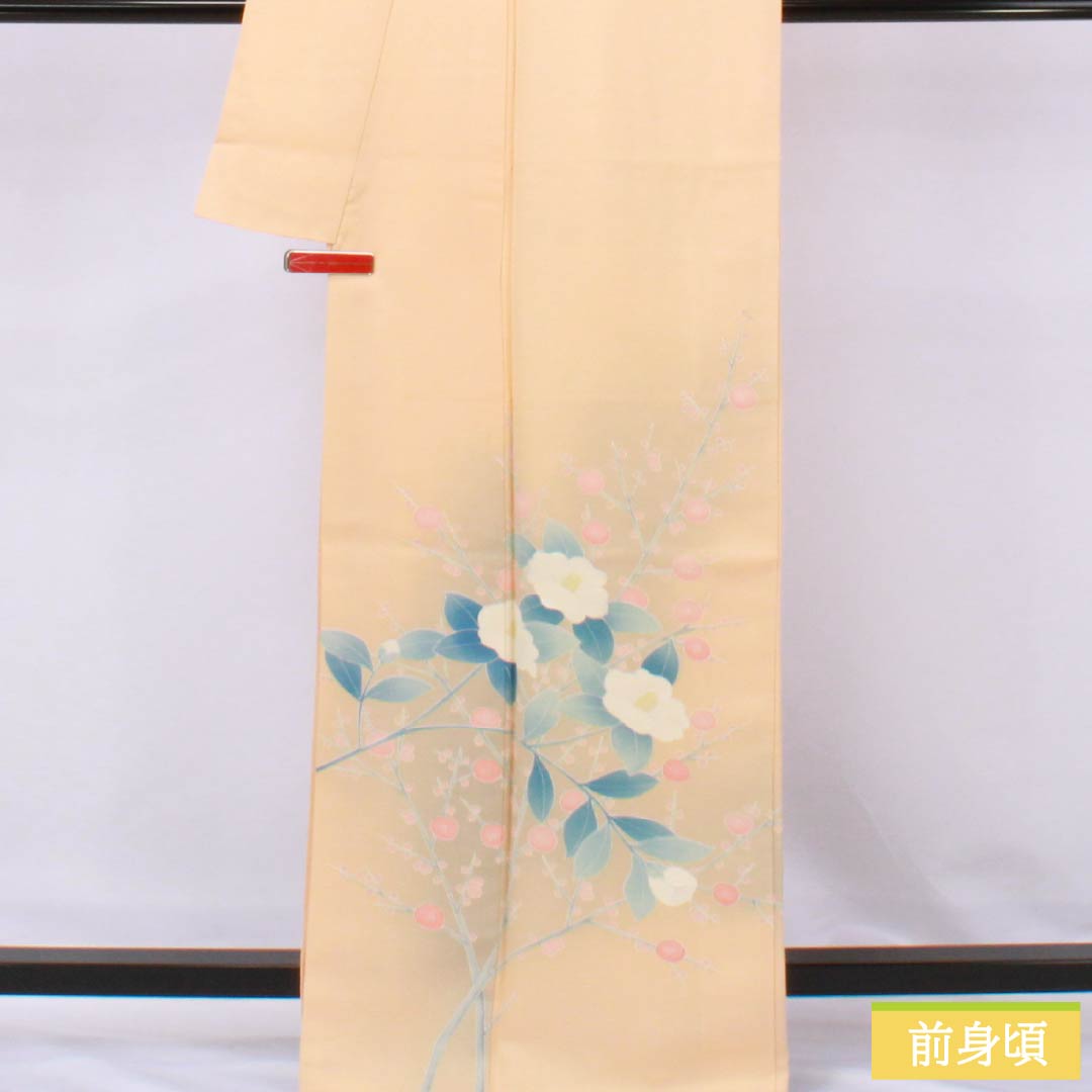 Visiting Kimono, Pure Silk, Grade A, Lined, Length 166.5cm, Sleeve Length 62.5cm, Light Persimmon, Kyoto Yuzen, Camellia, Orange, Item Number 1112006363526