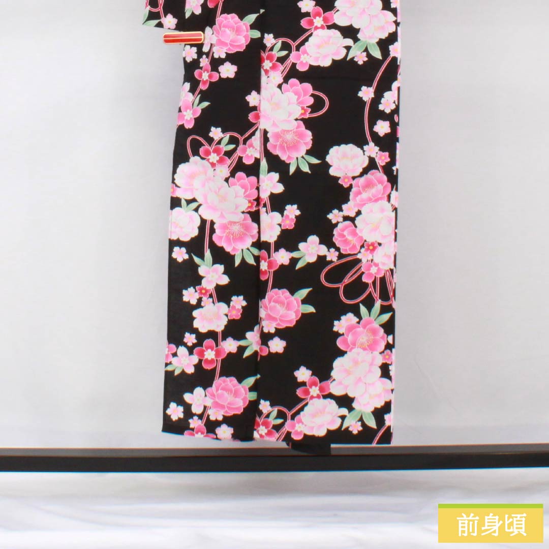 Cotton Yukata, Length 151cm, Sleeve Length 62cm, A Rank, Single Layer, Black, Camellia Pattern, 1118005963210