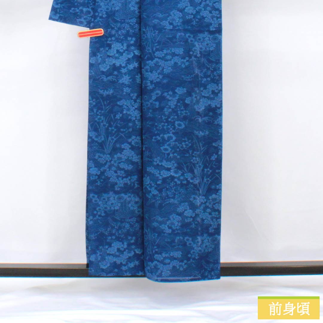 夏物 正絹 小紋 身丈157cm 裄丈65cm 紺桔梗色(こんききょういろ) 京紅型 草木染 五泉 絽 Aランク 紺系 1132002123318