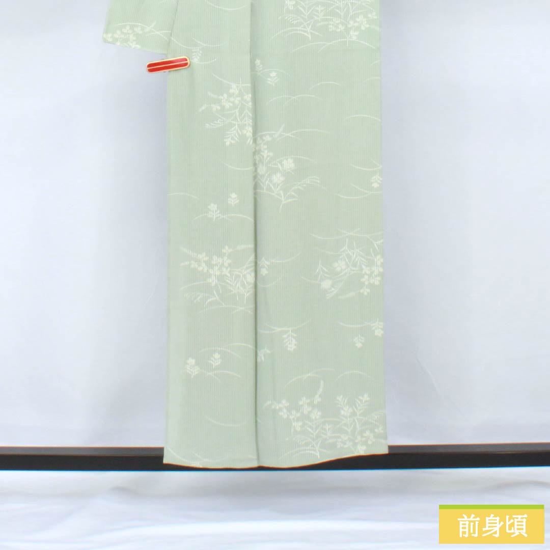 夏物 正絹 小紋 身丈153cm 裄丈62cm 白緑色(びゃくろくいろ) 京友禅 秋草 三松シルクケア 絽 Aランク 緑系 1132002093219