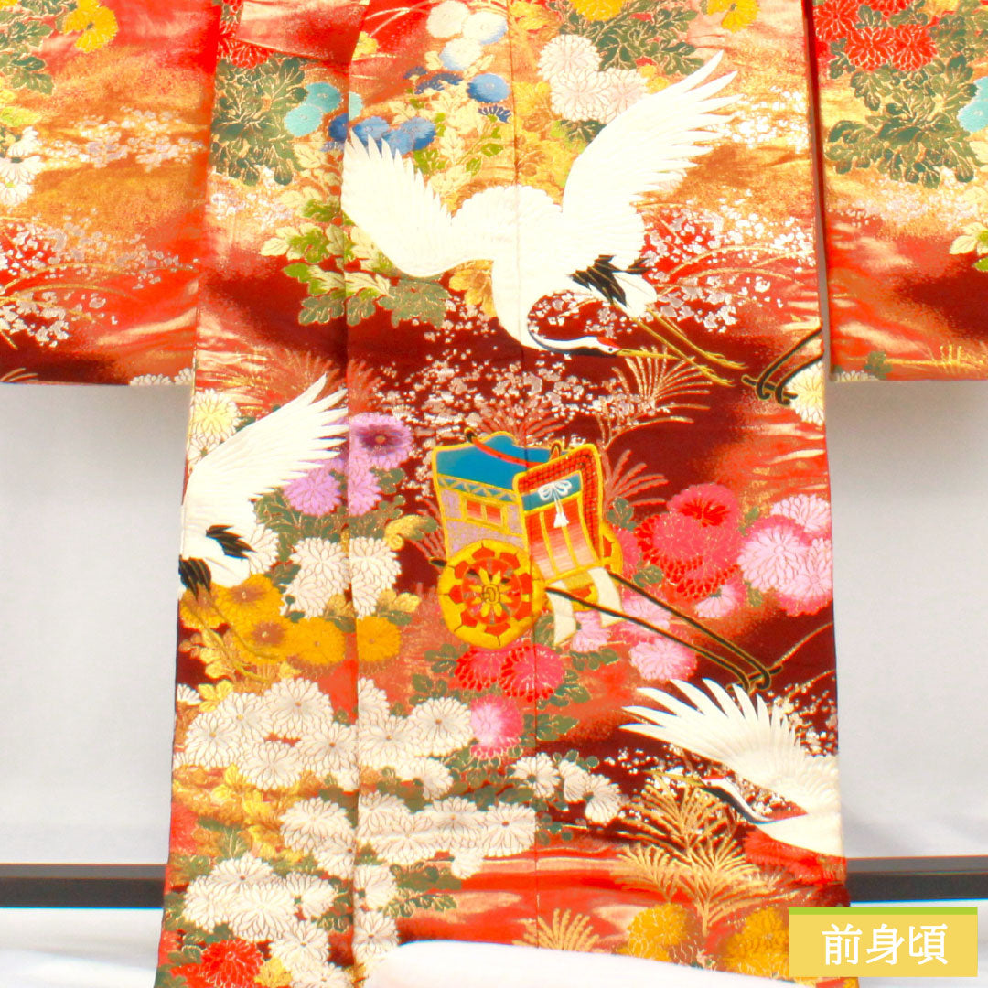 Iro-uchikake (colored kimono) made of pure silk, rank B, length 188cm, sleeve length 65cm, Karaori (traditional Japanese weave) design featuring cranes, imperial carriages, and floral motifs, lined, vermilion, 1110000904916