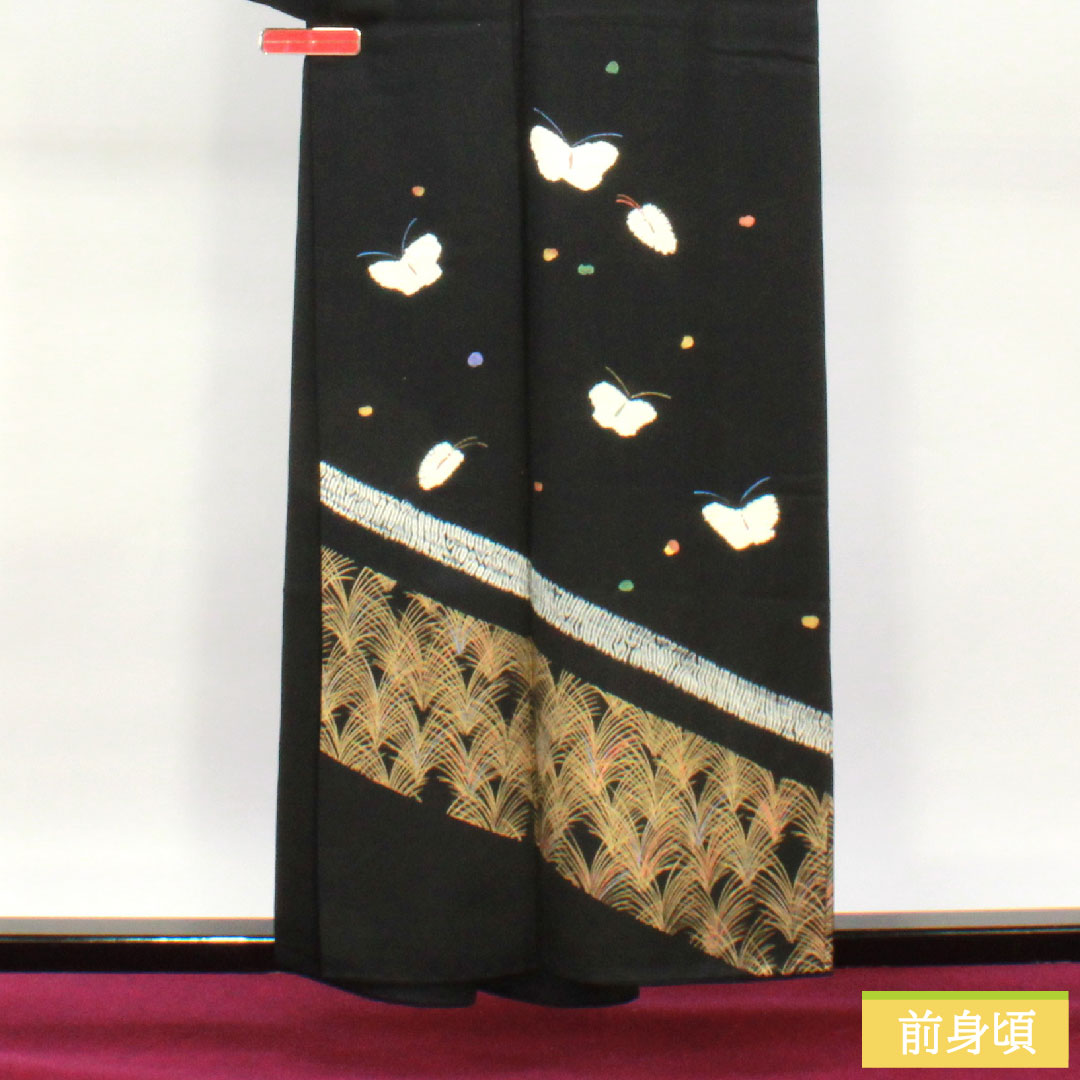 Homongi, pure silk, lined, length 157.5cm, sleeve length 63.5cm, tie-dye pattern, butterfly, A rank, black, 1112004393310