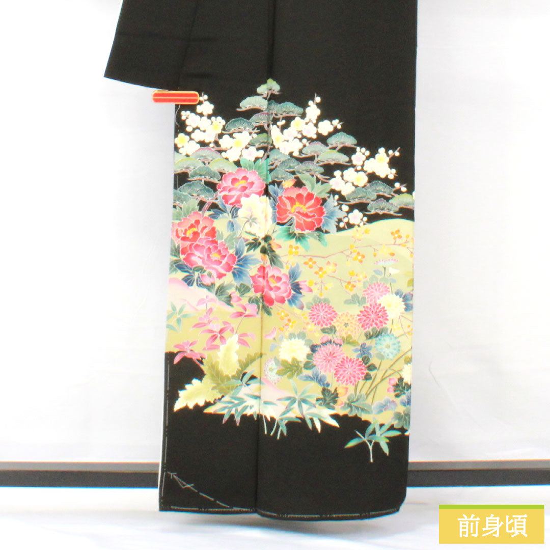 黒留袖 正絹 身丈158.5cm 裄丈62cm 袷 京加賀友禅 草花模様 作家物 五つ紋 花菱 Aランク 黒系 1111001673310