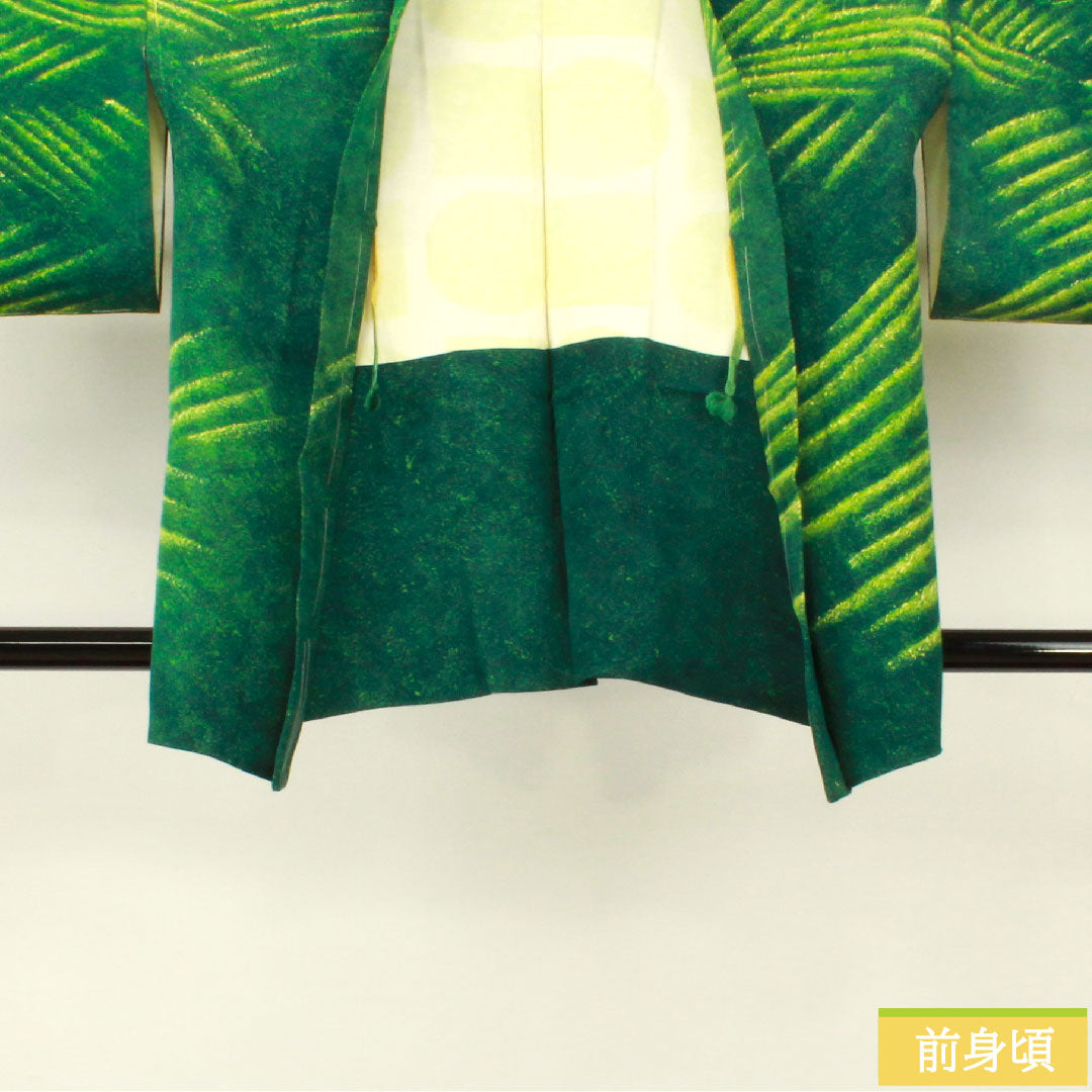 羽織 正絹 身丈83.5cm 裄丈67cm 玉虫色(たまむしいろ) ろうけつ染め 抽象模様 しつけ糸付き Sランク 袷 緑系 1117001042919