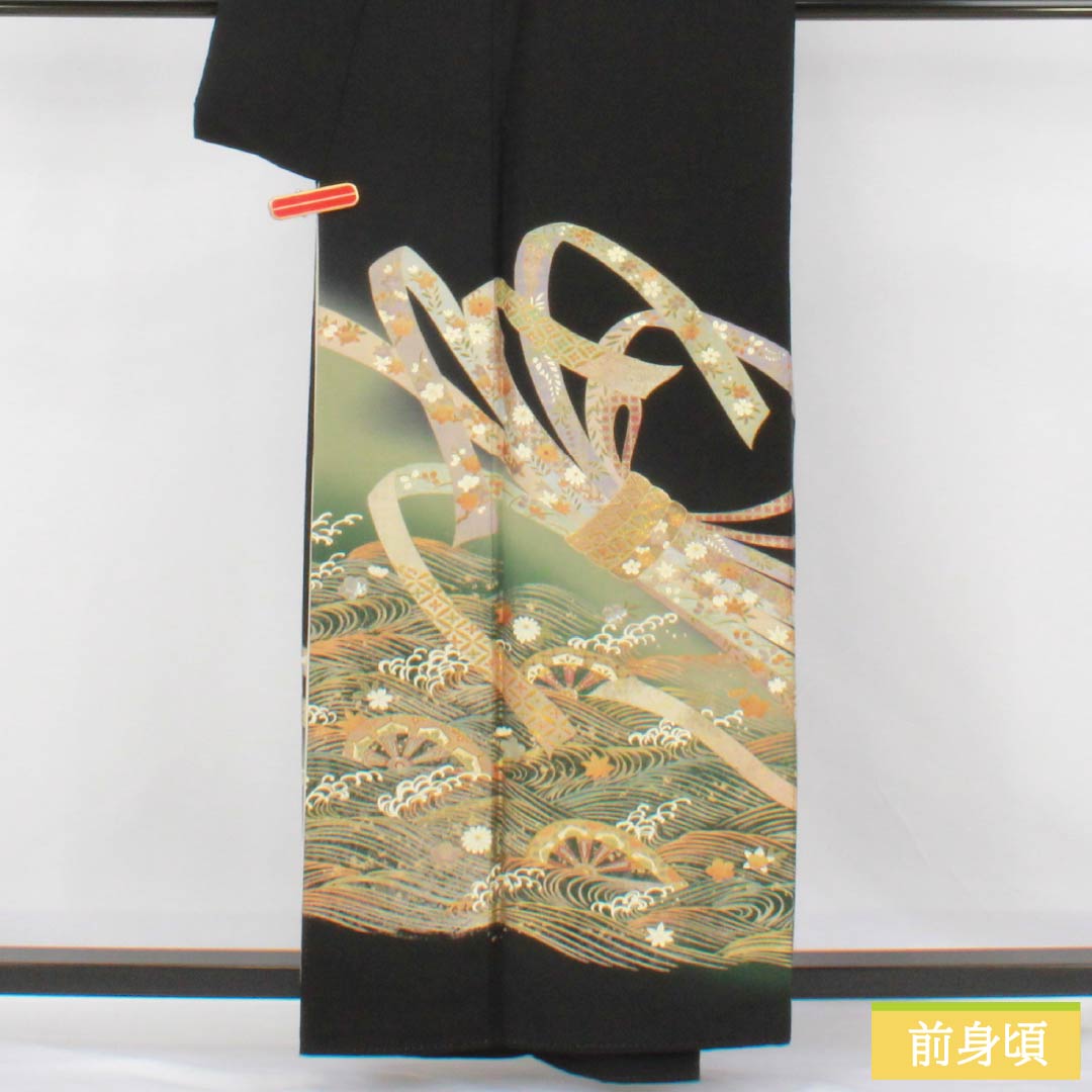 黒留袖 正絹 Aランク 身丈158.5cm 裄丈64cm 袷 金彩 五つ紋 上り藤 束ね熨斗 五つ紋 黒系 1111002043310