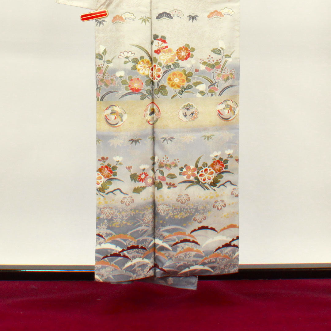 訪問着 正絹 袷 身丈155cm 裄丈61cm 雲井鼠色 京友禅 竹 松 鶴 Aランク グレー系 1112002923322