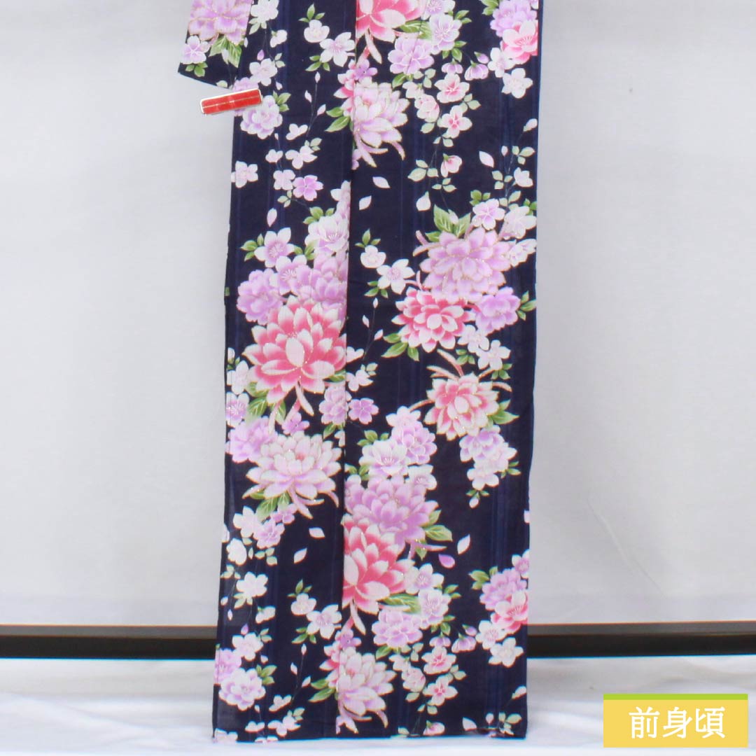 浴衣 木綿 身丈166.5cm 裄丈60cm Sランク 単衣 紺系 緋紺色(ひこんいろ) ダリア ラメ 1118006192518