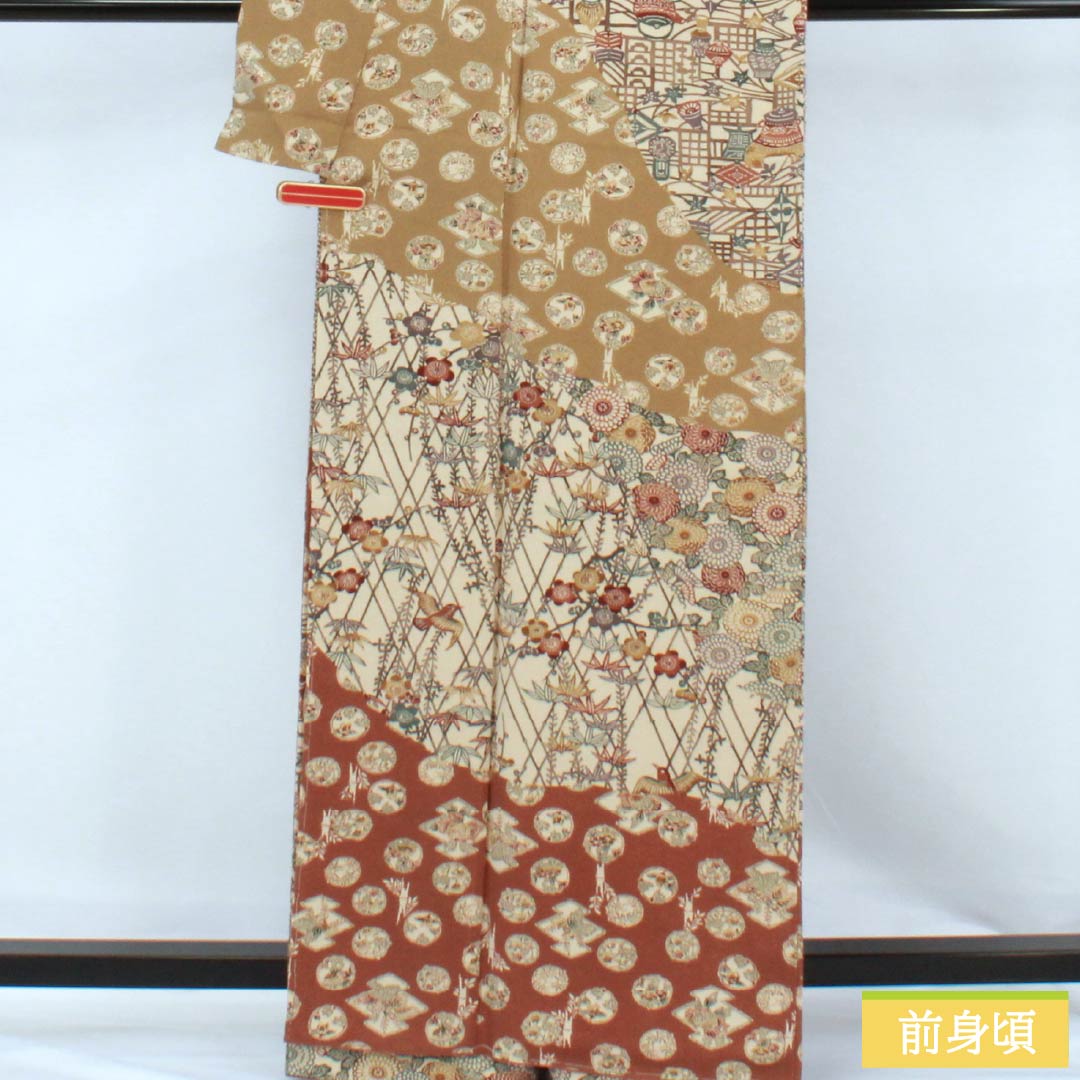 訪問着 正絹 Aランク 袷 身丈164cm 裄丈68cm 胡桃色(くるみいろ) 京紅型 吉祥文様 割付文様 古典柄 しつけ糸付き ベージュ系 1112006713425