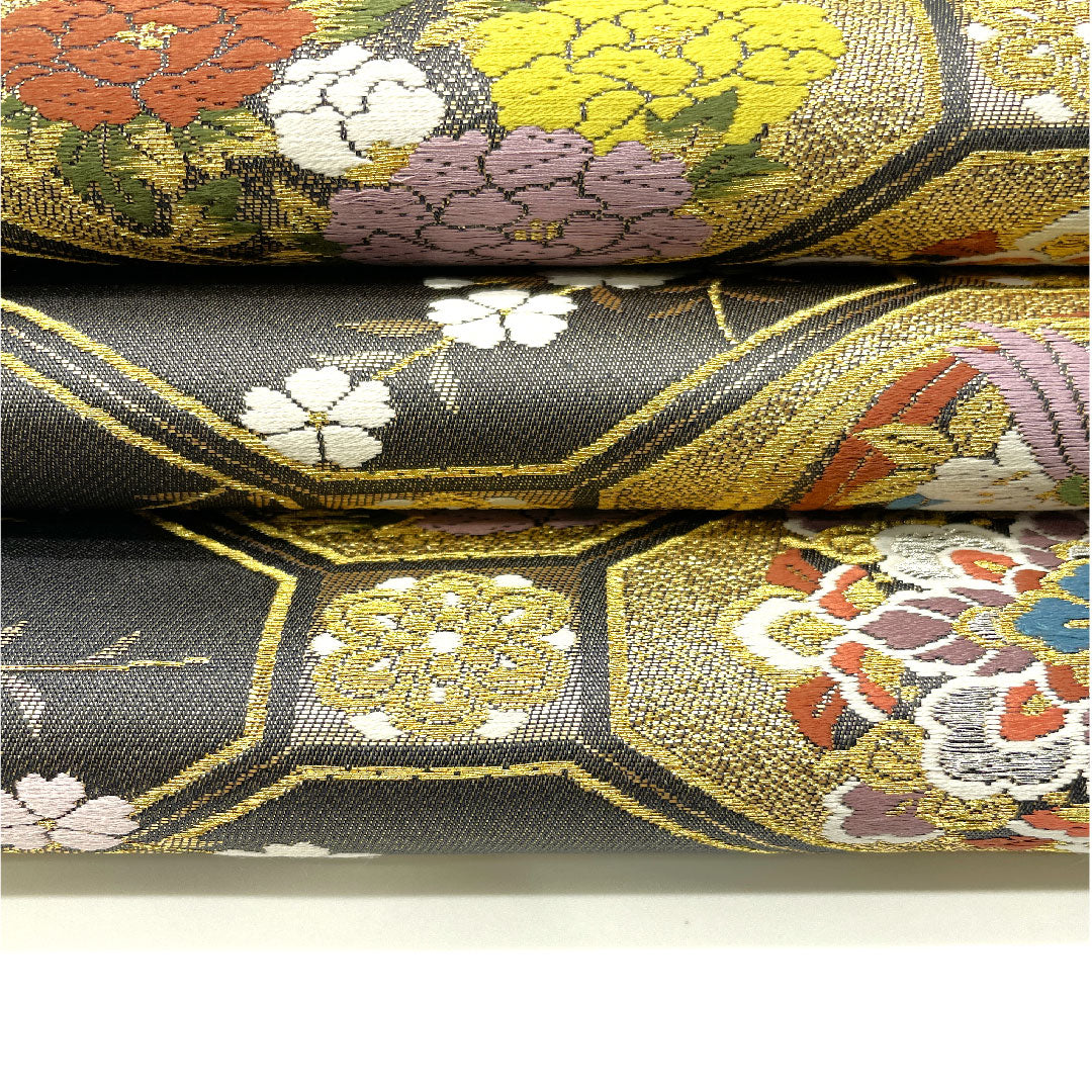 【未仕立】袋帯 正絹 NEWランク 全通全景 三十六歌仙文様 千紫萬紅 帯丈454cm 全通 フォーマル グレー系 1123003581422