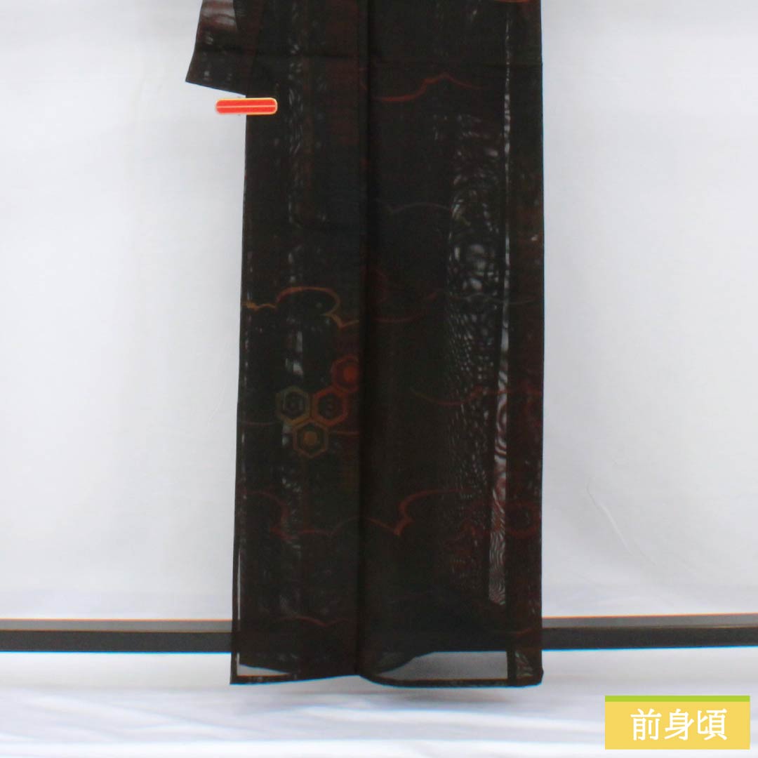 夏物 正絹 小紋 身丈163cm 裄丈65cm 亀甲 雲取り 紗 Sランク 黒系 1132002002410