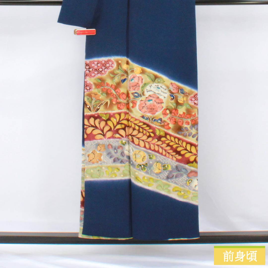 Visiting Kimono, Pure Silk, S Rank, Lined, Length 155cm, Sleeve Length 63cm, Navy Blue, Chirimen Fabric, Tsujigahana Pattern, Navy Blue, Product Number: 1112006292318