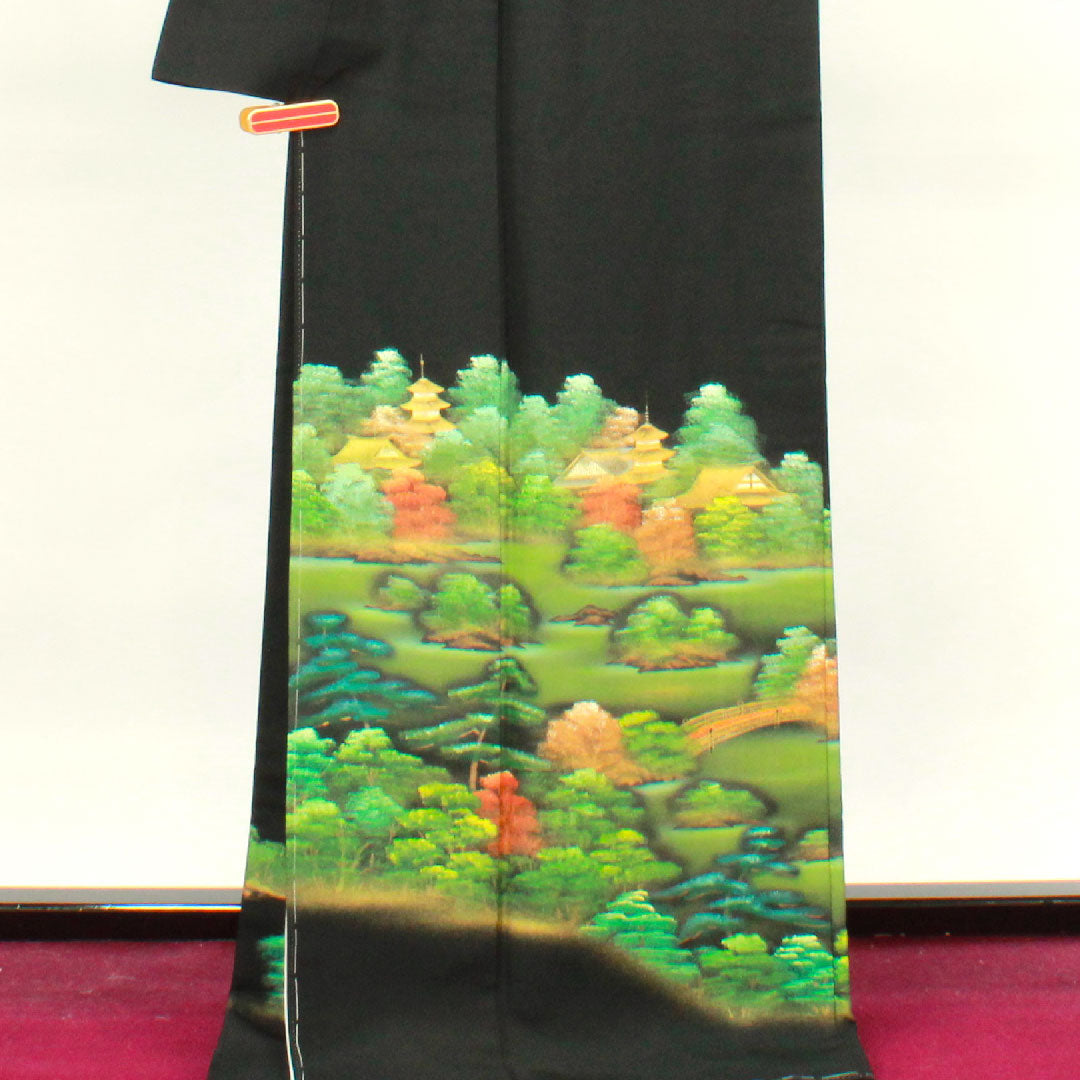 黒留袖 身丈170.5cm 裄丈66cm 袷 紋なし しつけ糸付き 未使用品 京友禅 桂離宮 風景模様 正絹 Sランク なし 黒系 1111001092610