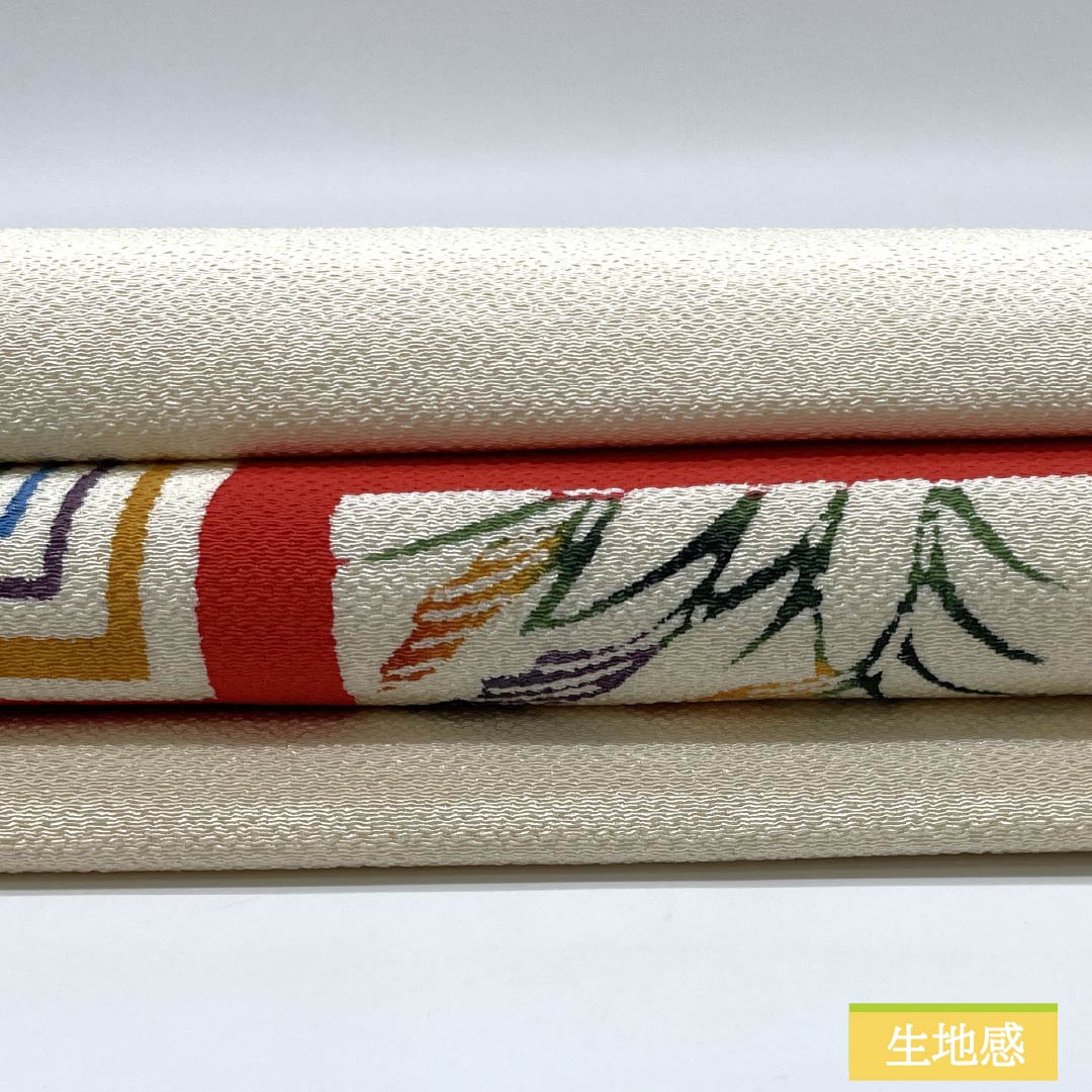 Nagoya obi, natural color (kinariiro), crepe fabric, stencil dyed, Japanese silver grass, obi length 376cm, pure silk, S rank, point pattern, casual, cream color, 1124008242315, Nagoya tailoring
