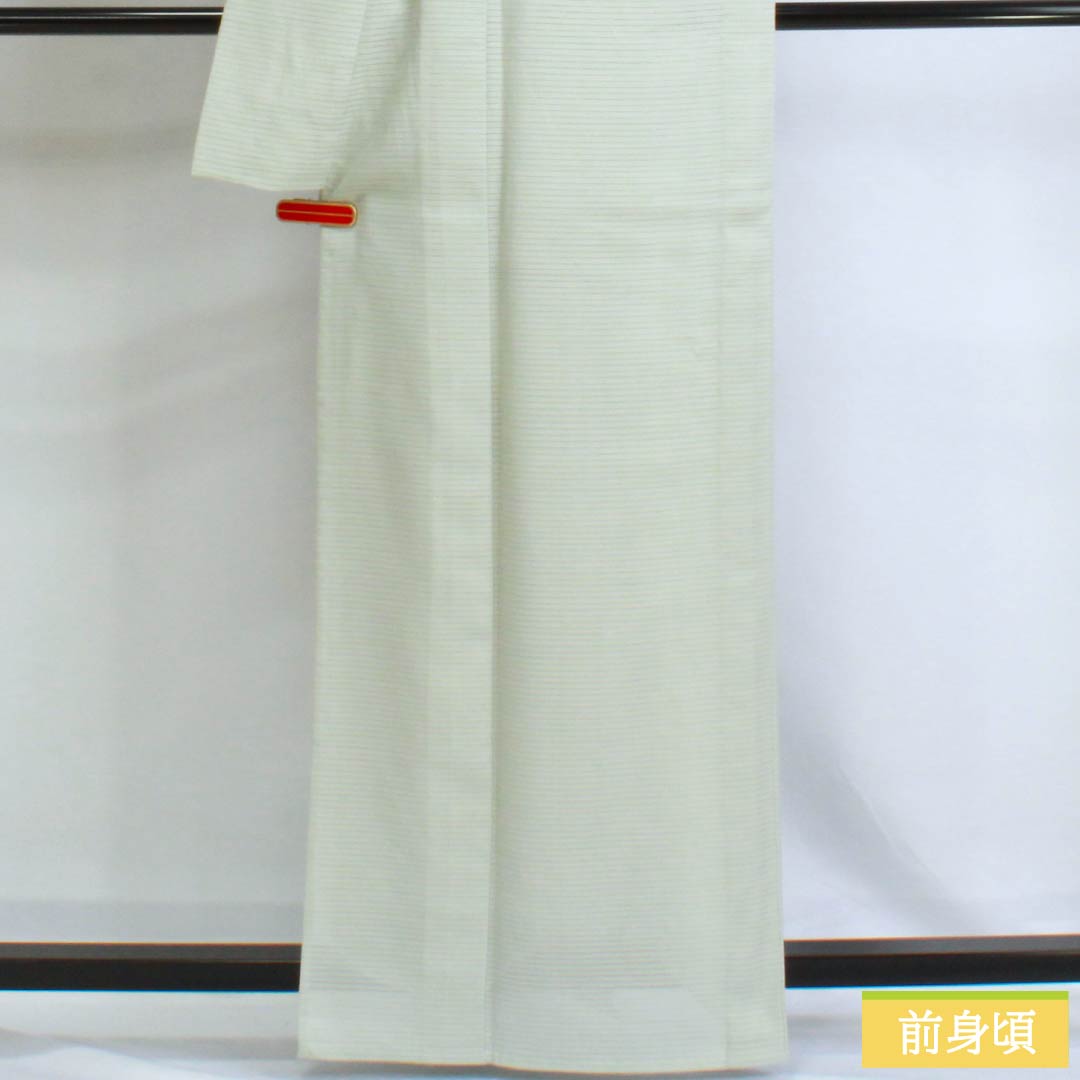夏物 ポリエステル 色無地 Aランク 身丈163cm 裄丈66cm 青白磁色(せいはくじいろ) 一つ紋 五三桐 洗える着物 絽 緑系 1132002903419