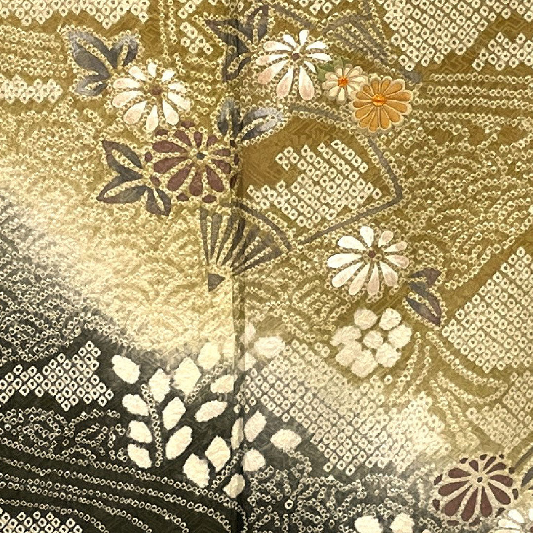 Homongi, lined, length 167cm, sleeve length 69cm, all-over tie-dye, embroidery, auspicious motif, pure silk, S rank, yellow, 1112000562523