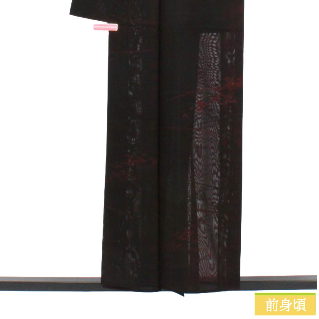 夏物 正絹 お召 Sランク 身丈155cm 裄丈64cm 臙脂墨色(えんじずみいろ) 草花模様 紗 黒系 1132004582312