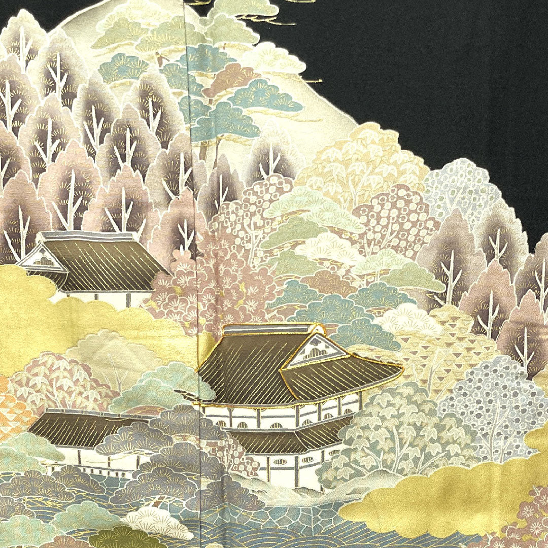 Black Tomesode, Length 158cm, Sleeve Length 63.5cm, Awase, Kyoto Yuzen, Landscape Pattern, Circle with Different Arrows, Pure Silk, A Rank, Five Crests, Black, 1111000833310