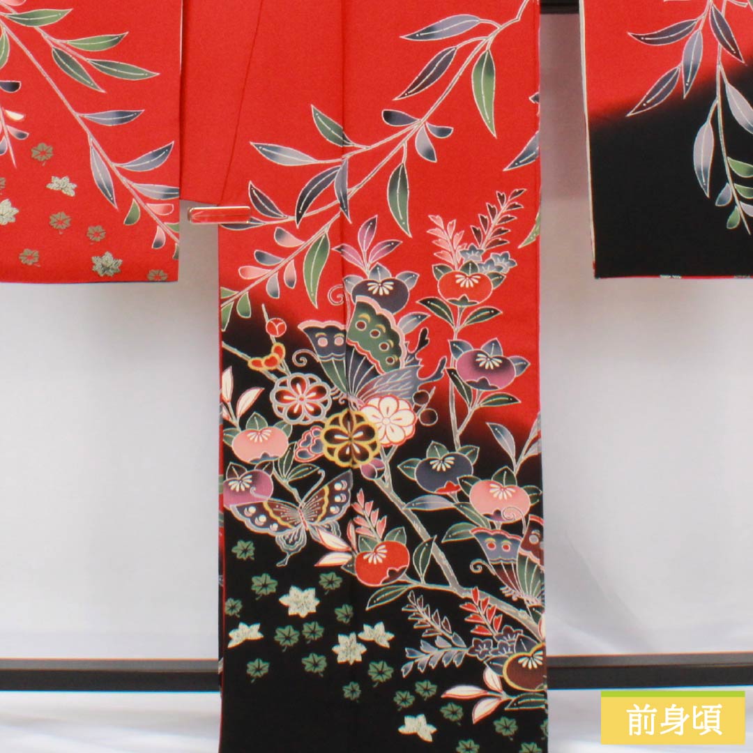 Furisode (long-sleeved kimono) made of pure silk, S-rank, length 167cm, sleeve length 66cm, lined, red, Kyoto Bingata (dyed dye) pattern, auspicious motifs of butterflies, tangerines, and reddish tones, product number 1113002322512