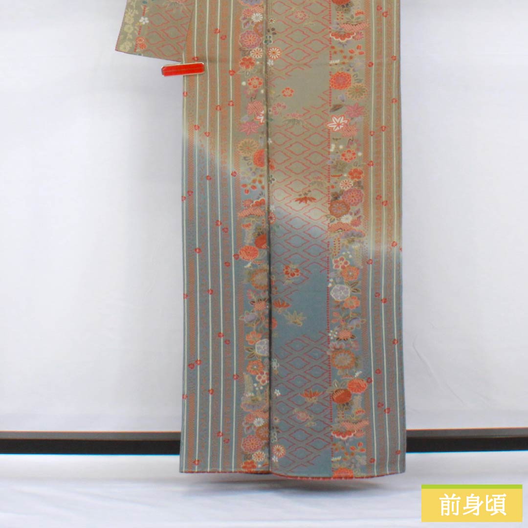 訪問着 正絹 袷 身丈160.5cm 裄丈65.5cm 利休鼠色(りきゅうねずみいろ) 型染 縞 花柄 Sランク グレー系 1112006042422