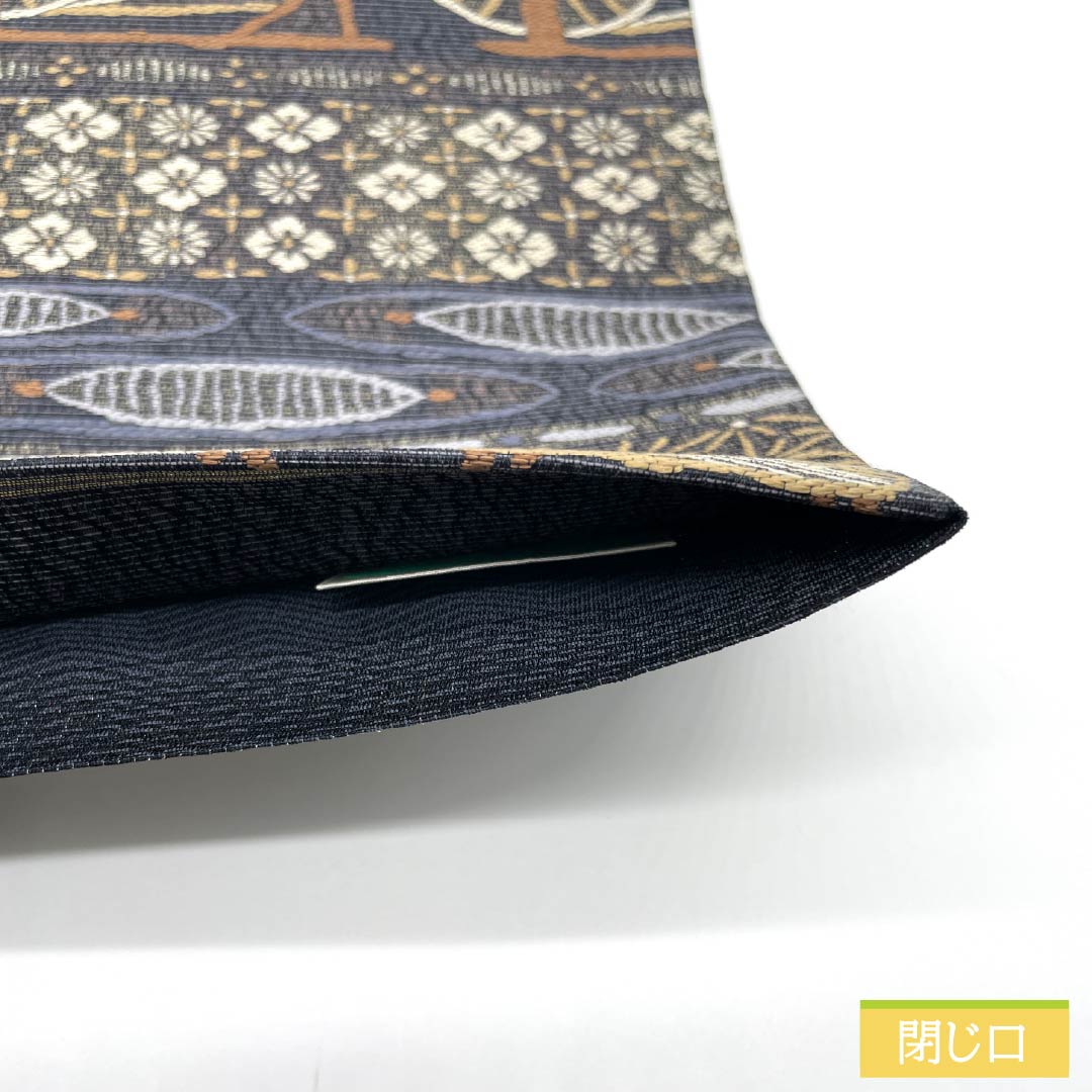 Fukuro Obi, pure silk, dark blue, woven, thread wrapped, floral pattern, obi length 440cm, S rank, six-pass, casual, gray, 1123013022322