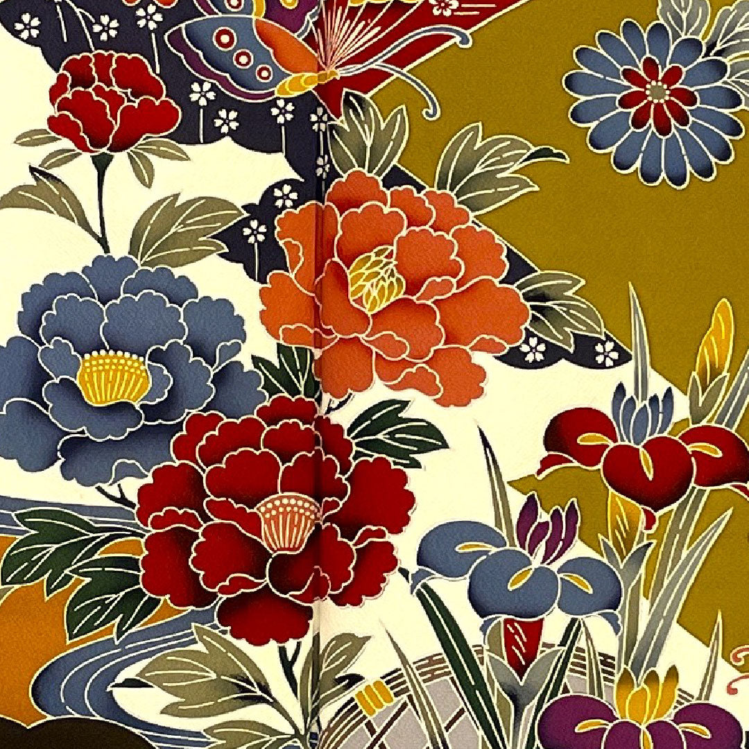 振袖+長襦袢セット 身丈169.5cm 裄丈68cm 袷 京紅型 蝶 菊 菖蒲 正絹 Aランク 黄系 1113000453523