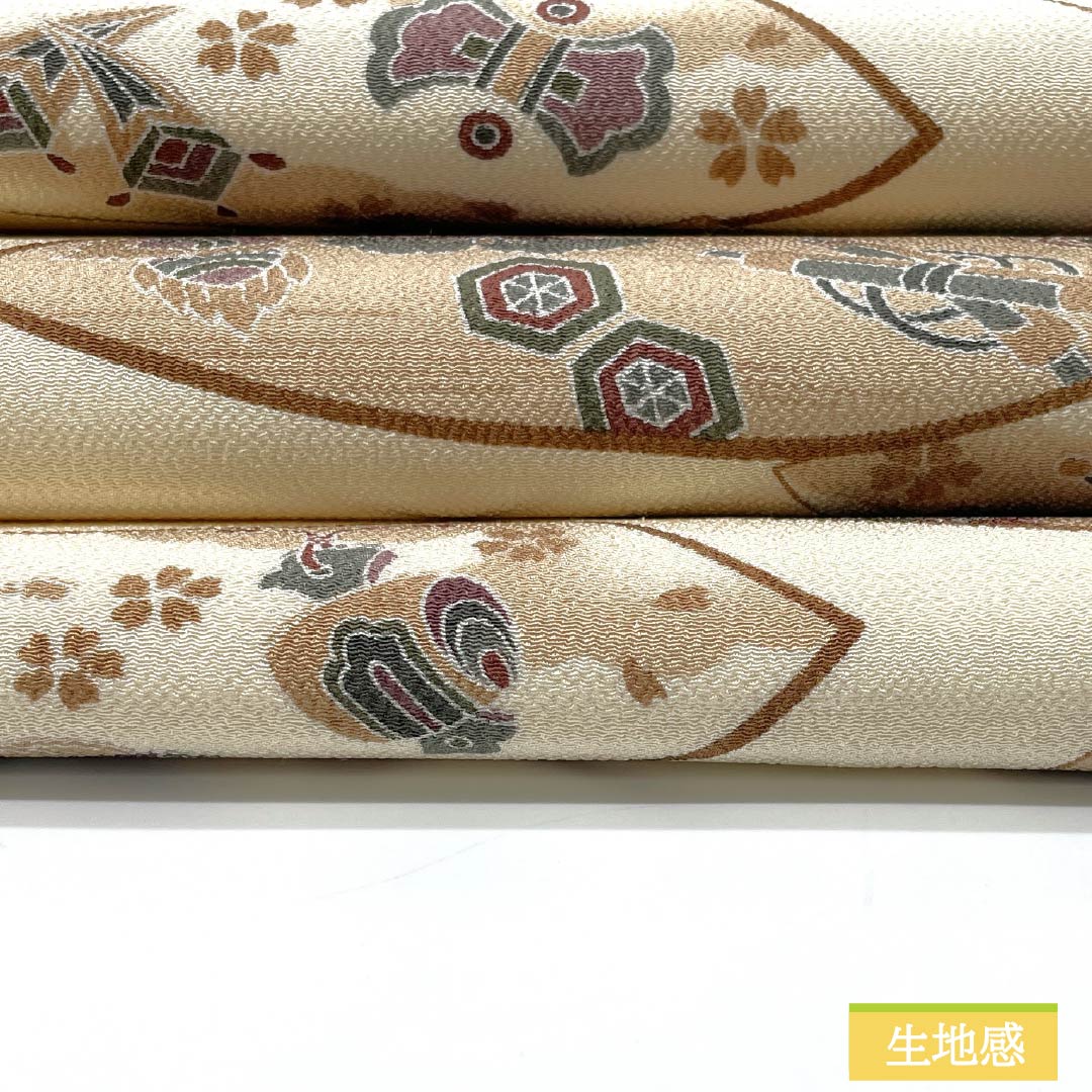Nagoya obi, natural color (kinariiro), crepe fabric, dyed obi, fan-shaped, obi length 365cm, pure silk, A rank, full length, casual, beige, 1124007183325, Nagoya style