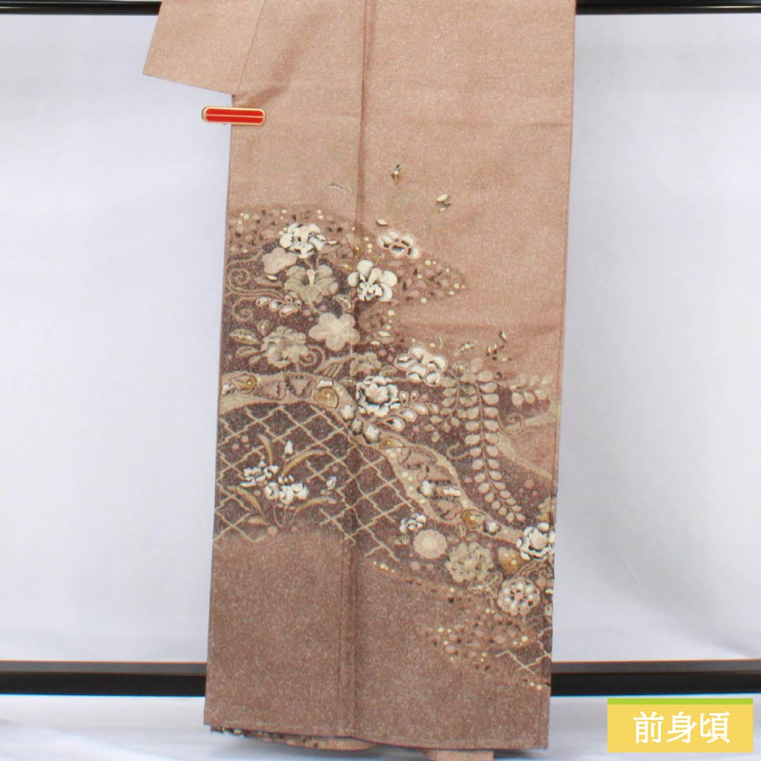 訪問着 正絹 Sランク 袷 身丈162cm 裄丈69cm 松染色(まつぞめいろ) 大島紬 絞り 辻ヶ花 しつけ糸付き 茶系 1112006692414