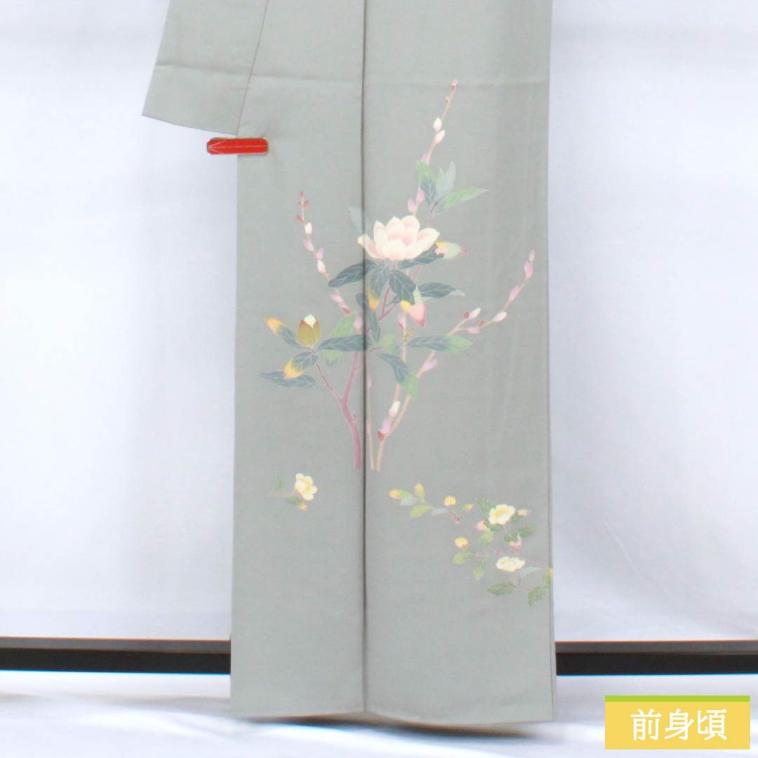 訪問着 正絹 Aランク 袷 身丈160.5cm 裄丈63cm 加賀友禅 草花 作家物 付下げ グレー系 1112006933422