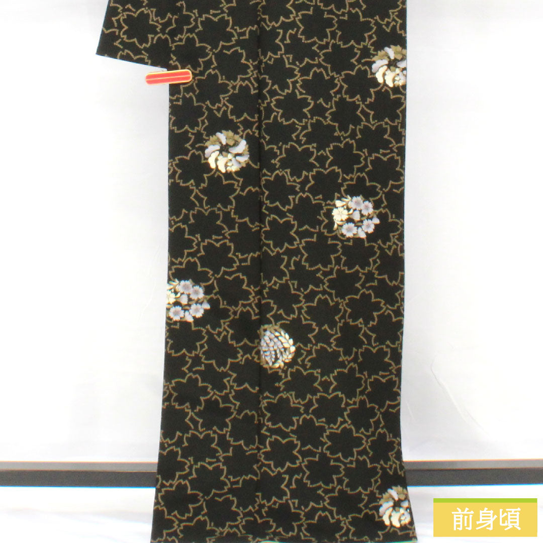 Small pattern, polyester, length 166.5cm, sleeve length 67cm, lined, washable kimono, cherry blossom, floral pattern, S rank, black, 1115004952510