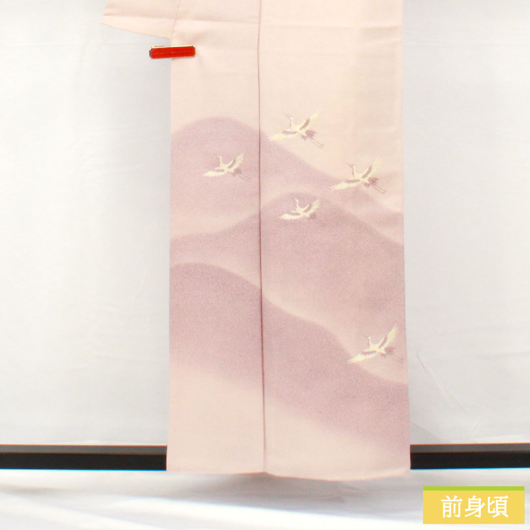 Homongi, pure silk, lined, length 157cm, sleeve length 63cm, cherry blossom color, Kyo-Yuzen, crane, A rank, purple, 1112005523320
