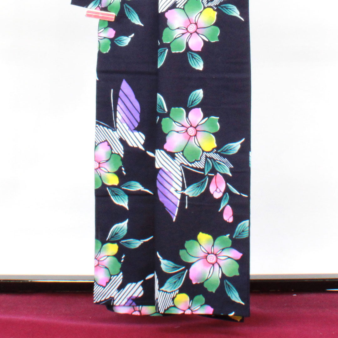 浴衣 濃紺色 草花模様 木綿 Sランク 単衣 身丈161.5cm 裄丈64cm 紺系 1118001982418