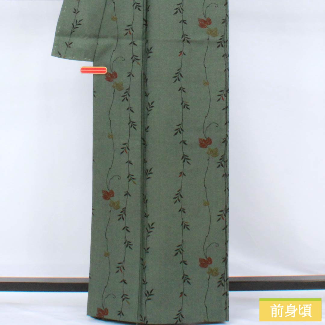 Komon Polyester S-rank length 164.5cm sleeve length 62cm unlined Shima-matsunezu-iro (dark gray with a hint of green) stenciled grass and leaves, with hip lining, green family 1115007992419