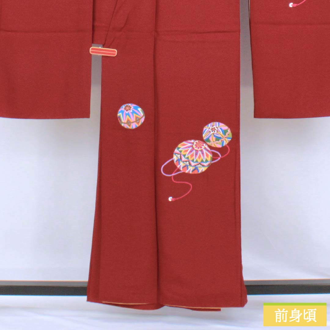 Furisode Pure Silk S Rank Length 157cm (4ft 9in) Sleeve-to-sleeve 64cm (2ft 1in) Lined Dark Red (Enji-iro) Suzhou Embroidery Temari Red color scheme 1113002802312