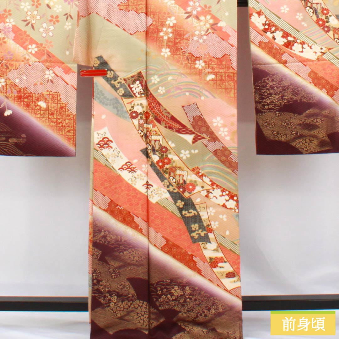 振袖 正絹 Bランク 身丈166cm 裄丈64.5cm 袷 真朱色(しんしゅいろ) 京友禅 吉祥文様 鶴 桜 藤 赤系 1113002164512