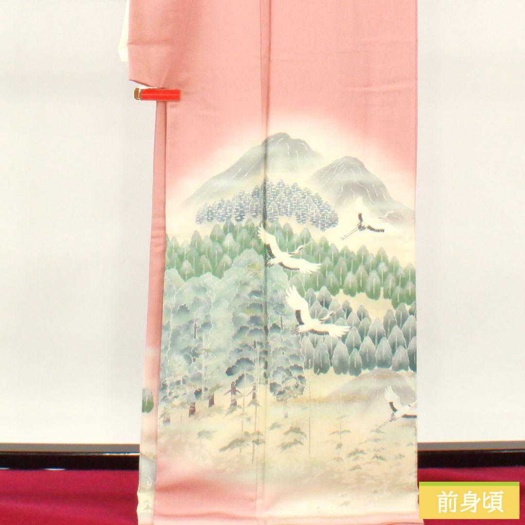 訪問着 正絹 袷 身丈170.5cm 裄丈69.5cm 一重梅色(ひとえうめいろ) 京友禅 比翼仕立て 風景模様 鶴 三つ紋 Sランク ピンク系 1112004612613