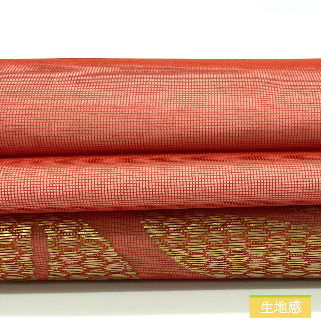 名古屋帯 ポリエステル 甚三紅色(じんざもみいろ) 夏帯 草花模様 帯丈348cm Sランク ポイント柄 セミフォーマル 朱系 1124008542316 名古屋仕立て
