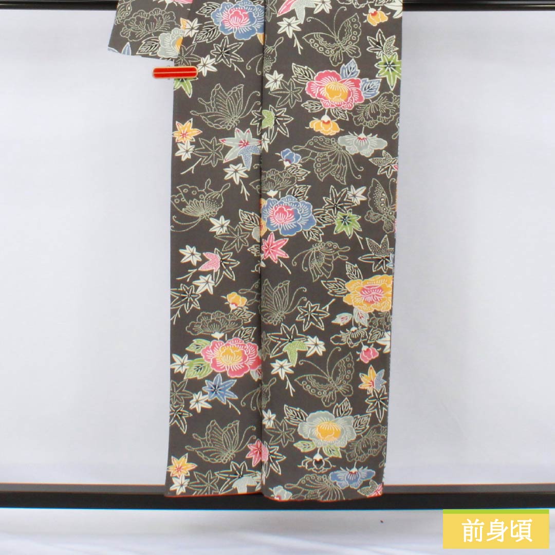 小紋 正絹 Sランク 身丈154cm 裄丈64cm 袷 薄黒色(うすぐろいろ) 京紅型 半衿付き 蝶 花 グレー系 1115007742222