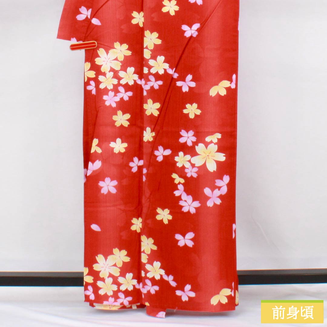 Cotton Yukata, Length 162cm, Sleeve Length 67.5cm, S Rank, Single Layer, Vermilion, Cinnabar, Cherry Blossom Design, 1118006512416