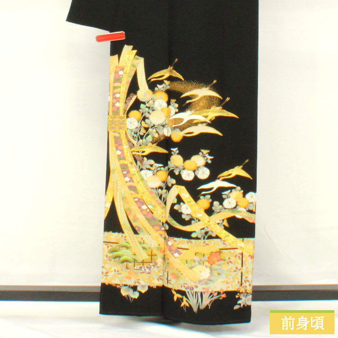 黒留袖 正絹 身丈160cm 裄丈65cm 袷 京友禅 熨斗 鶴 五つ紋 丸に三階菱 三松シルクケア Sランク 黒系 1111001532410