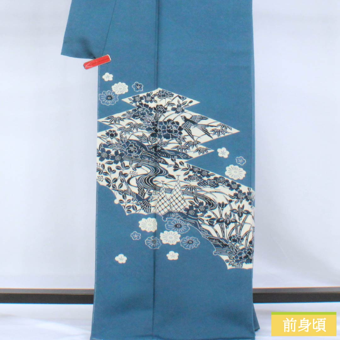 訪問着 正絹 Sランク 袷 身丈166.5cm 裄丈69cm 裏色(うらいろ) 藍型 浜ちりめん 風景模様 しつけ糸付き ソフトガード加工 青系 1112007692517