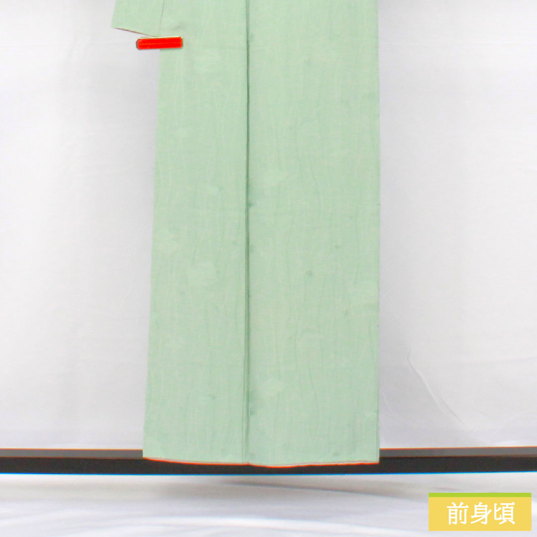 色無地 正絹 身丈154cm 裄丈62cm 薄水色(うすみずいろ) 綸子 袷 Aランク 緑系 1114002093219