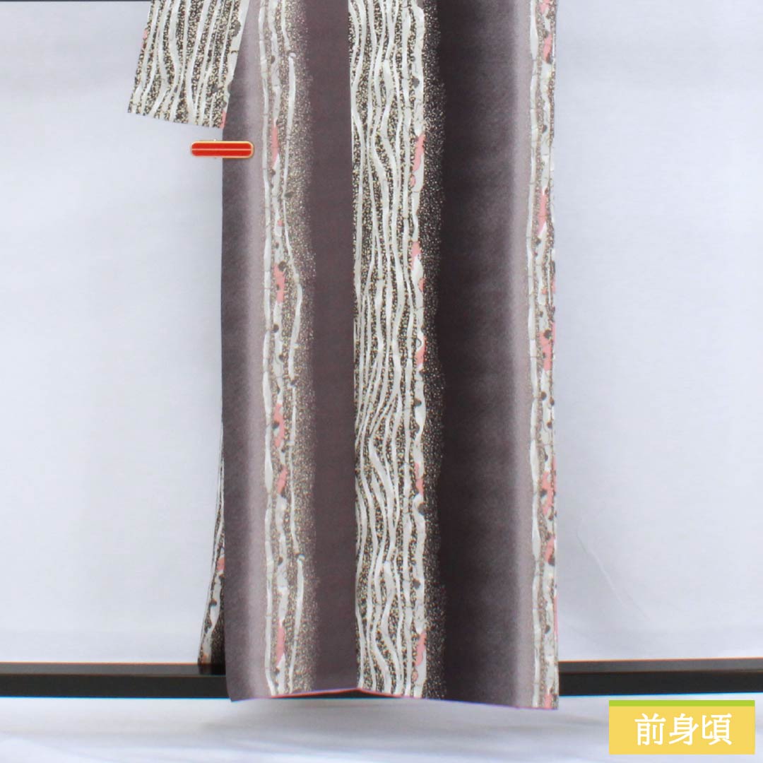 小紋 ポリエステル 身丈158cm 裄丈64.5cm 袷 今鶴羽色(いまつるはいろ) 縦縞 洗える着物 Sランク グレー系 1115006262322