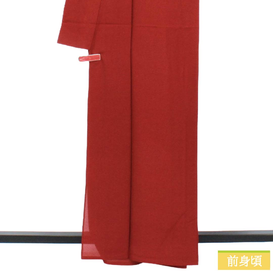 夏物 正絹 色無地 Sランク 身丈163cm 裄丈66.5cm 生臙脂色(しょうえんじいろ) 五三桐 一つ紋 絽 赤系 1132003842414