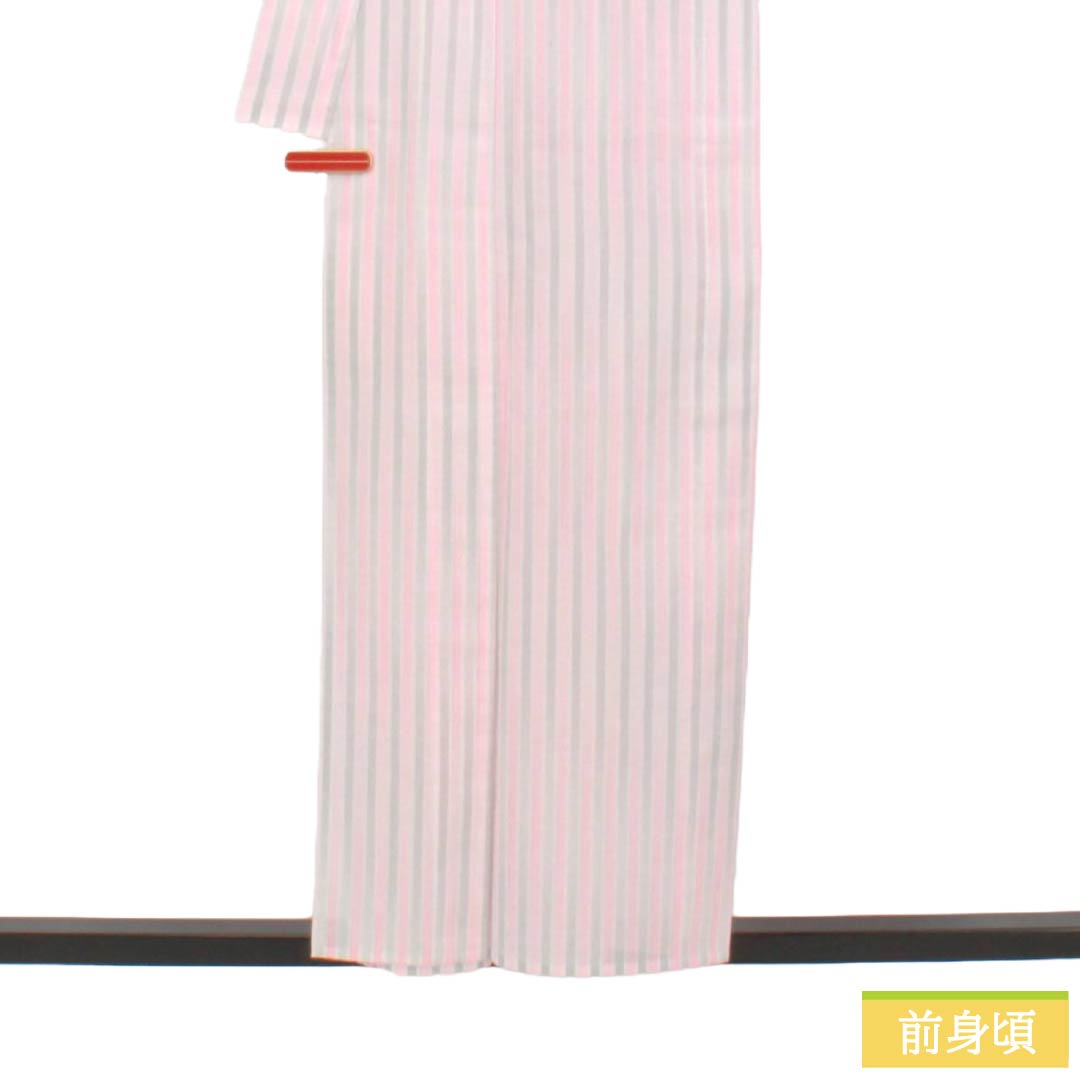 夏物 ポリエステル 小紋 Aランク 身丈156cm 裄丈62.5cm 曙色(あけぼのいろ) 白銅色(はくどういろ) 縞ぼかし 洗える着物 絽 マルチカラー 1132003383328